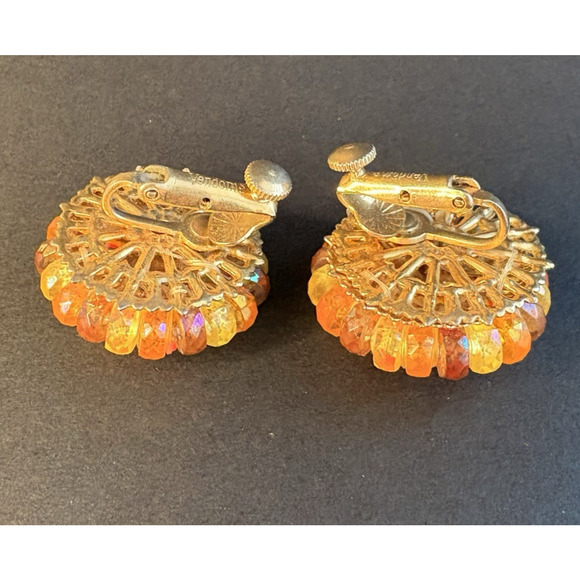 Vintage Vendome Orange Yellow Acrylic Round Adjustable Patented Clip On Earrings - Picture 4 of 8